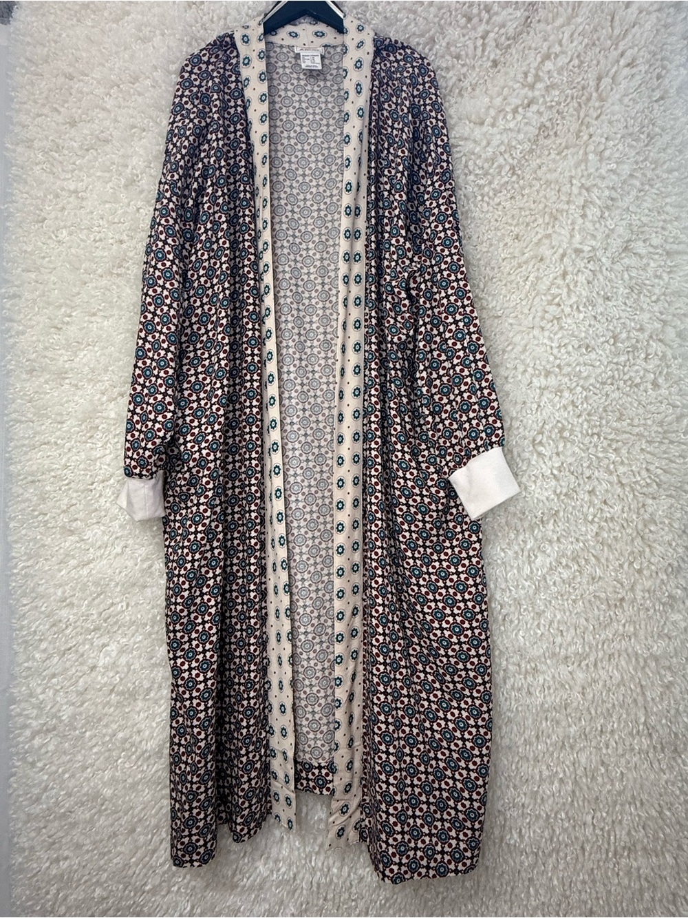 Arita Patterned Long Open Duster Cardigan in Navy & Cream